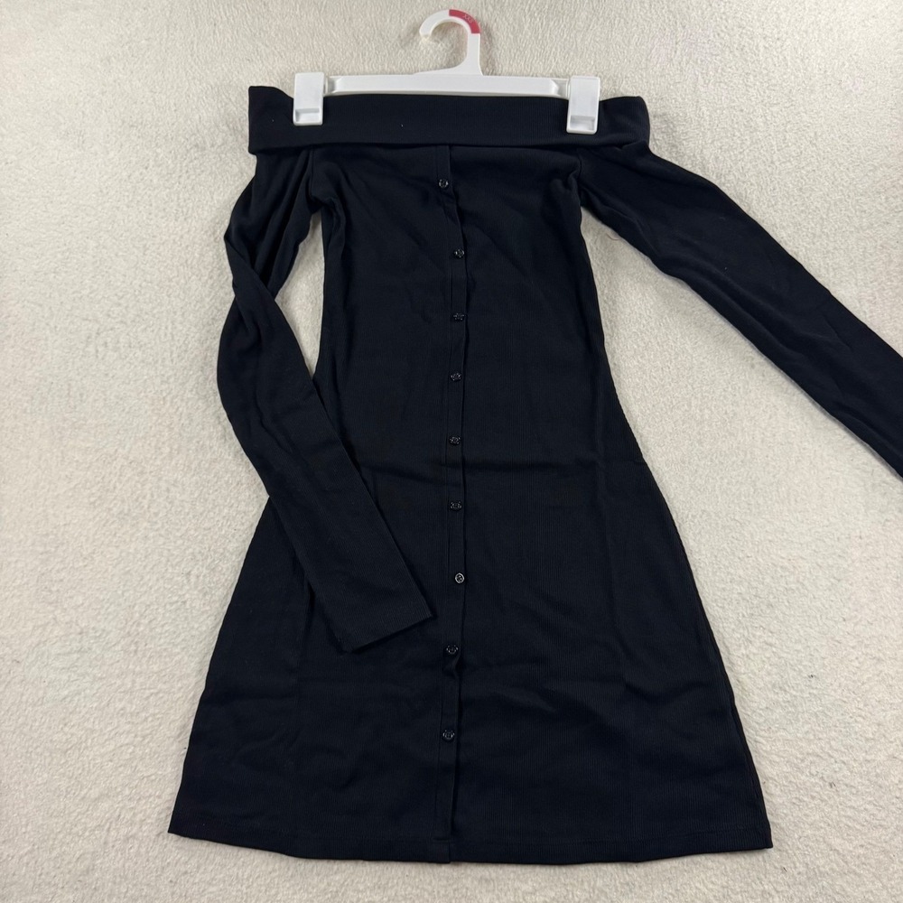 Wild Fable Dress Women XXS Black NEW Off Shoulder Ribbed Button Front Mini